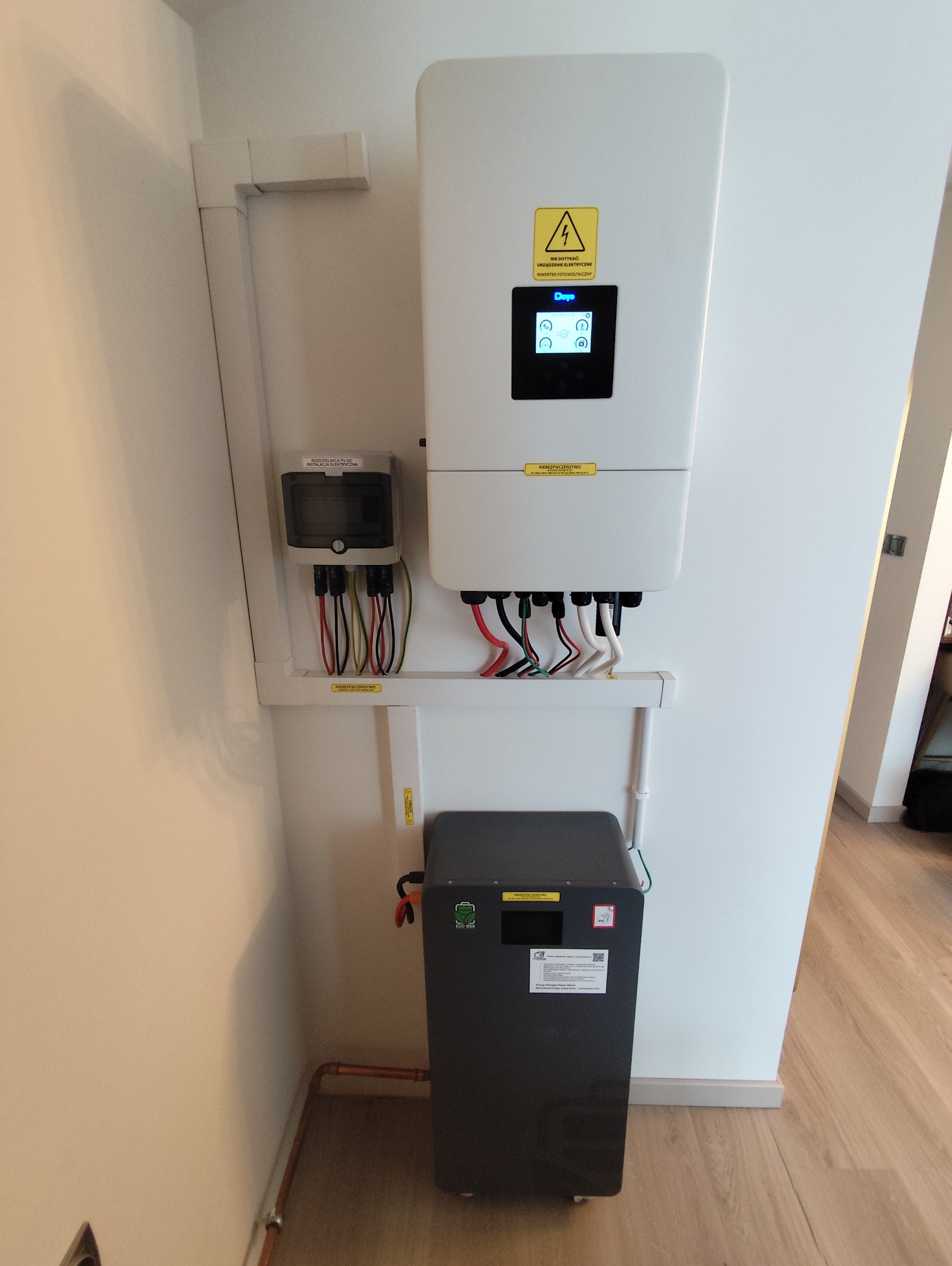 Kompletna instalacja domowa: inwerter z wyświetlaczem, rozdzielnica i akumulator energii na podłodze. Widoczne kable i rurki instalacyjne.