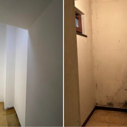 Łukasz Steczkowski Technical &Logistic Solutions - Porównanie: Świeżo pomalowane na biało wnętrze z kaflami na podłodze, kontrastujące ze ścianą pokrytą pleśnią i wilgocią przy brązowym oknie.