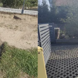 Porównanie terenu przed i po ułożeniu ażurowych płyt betonowych: z lewej piasek i gruz, z prawej gotowy podjazd z obrzeżami.