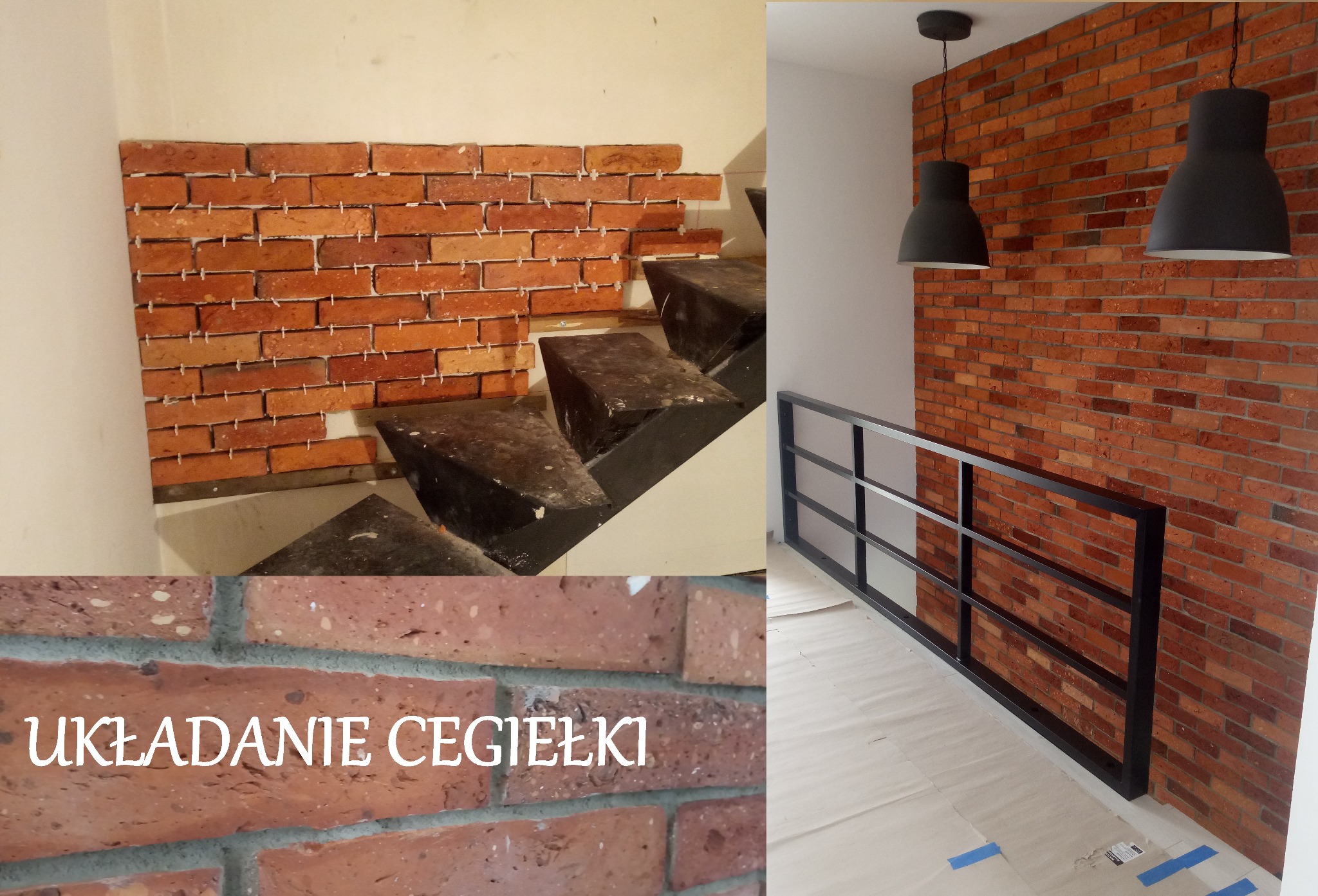 Układanie cegiełki ciętej ze starych cegieł oraz nowych gipspowych i z glazury.