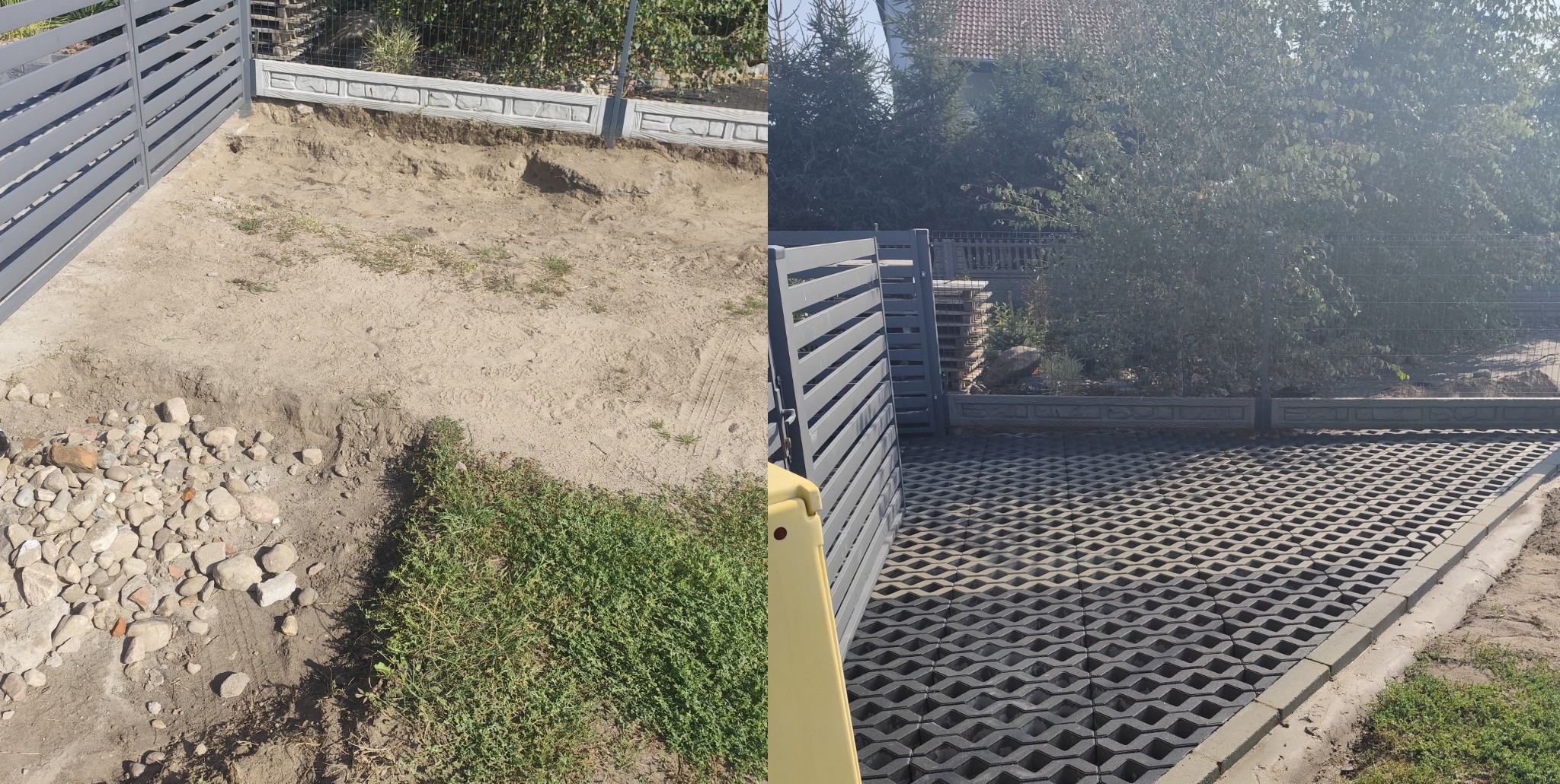 Porównanie terenu przed i po ułożeniu ażurowych płyt betonowych: z lewej piasek i gruz, z prawej gotowy podjazd z obrzeżami.