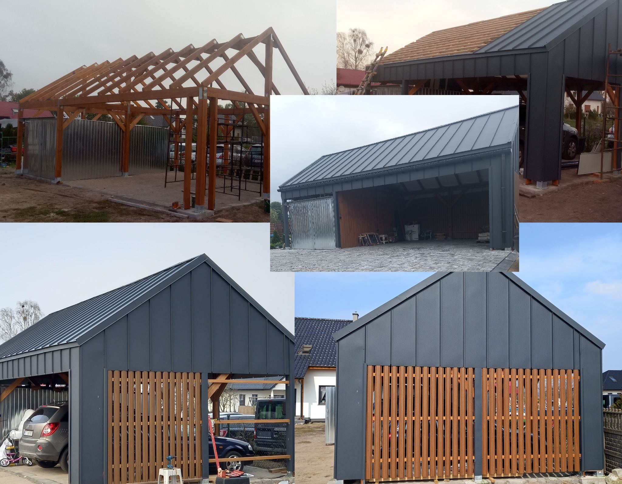 Wielopanelowe ujęcie konstrukcji wiaty/garażu: szkielet drewniany, pokrycie z blachy na rąbek, wykończenie drewniane, widoczne detale łączeń i materiałów.