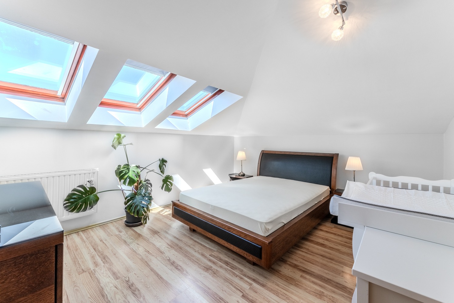 Jasna sypialnia na poddaszu z drewnianym łóżkiem, trzema oknami dachowymi i dużą monsterą w doniczce.
