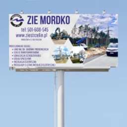 Billboard z ofertą firmy ZIE MORDKO: budowa linii NN i SN, stacje transformatorowe, lokalizacja uszkodzeń kabli, usługi sprzętowe, instalacje elektryczne, przeglądy.