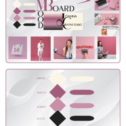 Joanna Pytka-Piecychna - Moodboard w odcieniach różu i beżu z paletą kolorów, logotypem Joanny Creative Studio i zdjęciami lifestyle, prezentujący koncepcję wizualną projektu.