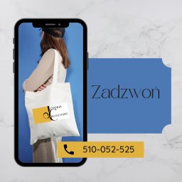 Joanna Pytka-Piecychna - Grafika: Torba z logo Joanna Creative Studio na tle osoby w telefonie, obok napis 'Zadzwoń' i numer telefonu na marmurkowym tle.