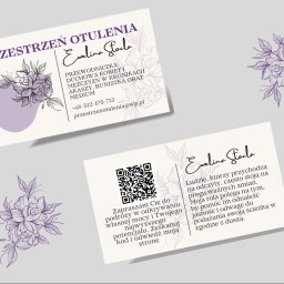 Joanna Pytka-Piecychna - Dwie wizytówki z fioletowym motywem kwiatowym i kodem QR, leżące na jasnym tle. Wizytówki prezentują dane kontaktowe i zaproszenie do odkrywania potencjału.