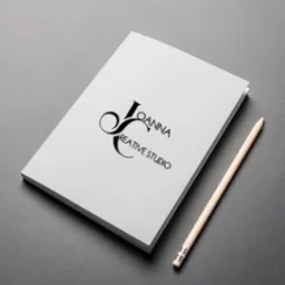 Elegancki notes z logo 'Joanna Creative Studio' leżący na szarym tle obok ołówka. Minimalistyczny design, czcionka szeryfowa, stonowana kolorystyka.