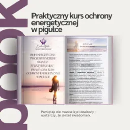 Okładka książki/kursu online 'Praktyczny kurs ochrony energetycznej w pigułce' Eweliny Stockiej, z sylwetką kobiety na tle zachodzącego słońca i morza.