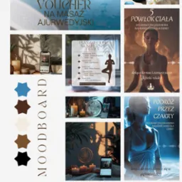 Moodboard z elementami identyfikacji wizualnej: voucher na masaż, plan zajęć jogi, nagrania audio, paleta kolor&oacute;w i dane kontaktowe Pracowni Rozwoju Osobistego.
