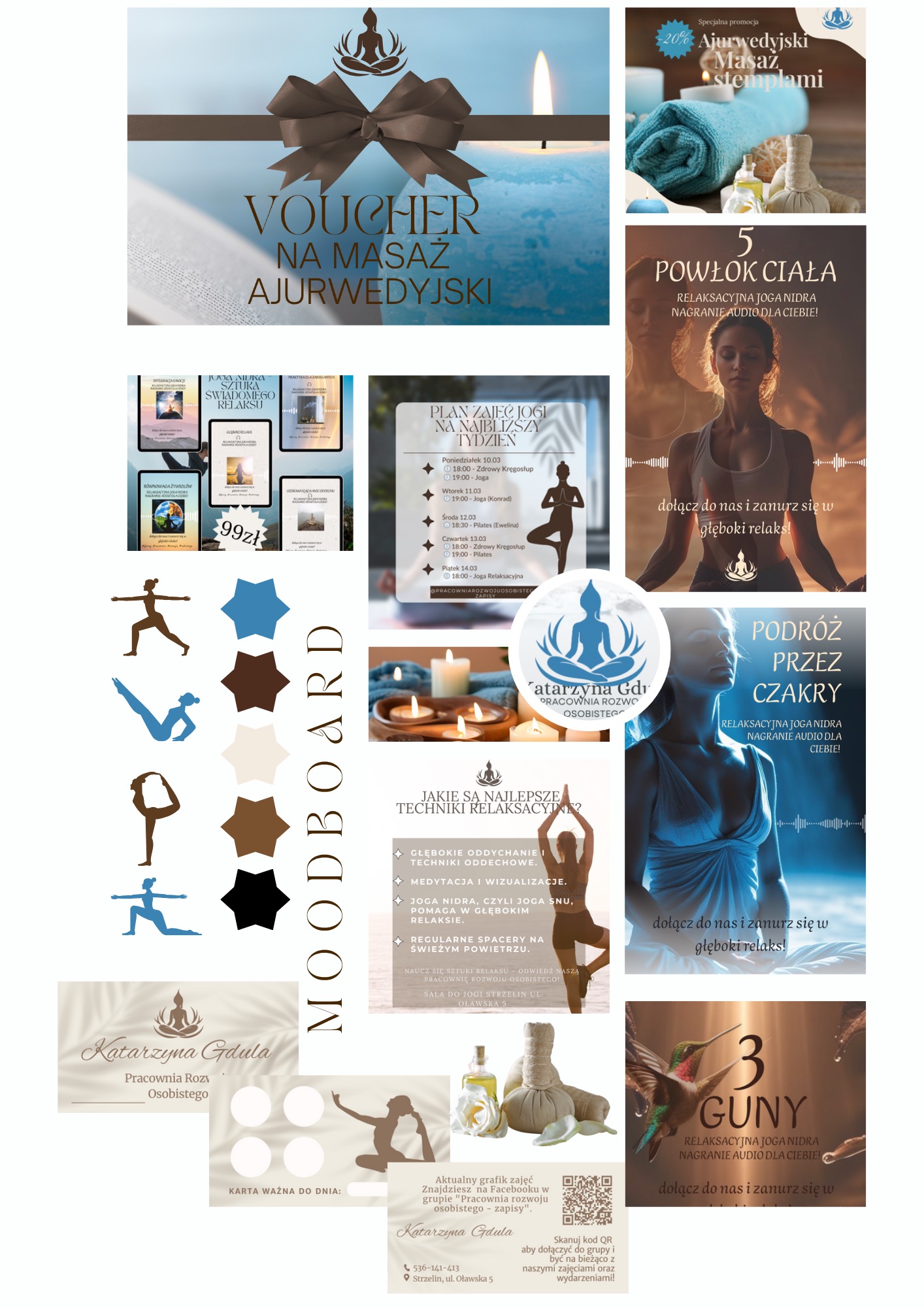 Moodboard z ofertą zajęć jogi i masaży ajurwedyjskich: vouchery, plany zajęć, techniki relaksacyjne, nagrania audio i dane kontaktowe Pracowni Rozwoju Osobistego.