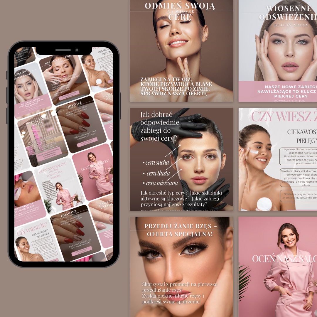 Ekrany smartfona prezentujące grafiki salonu kosmetycznego: zabiegi na twarz, przedłużanie rzęs, pielęgnacja cery. Promocje i oferty specjalne w estetycznej oprawie.