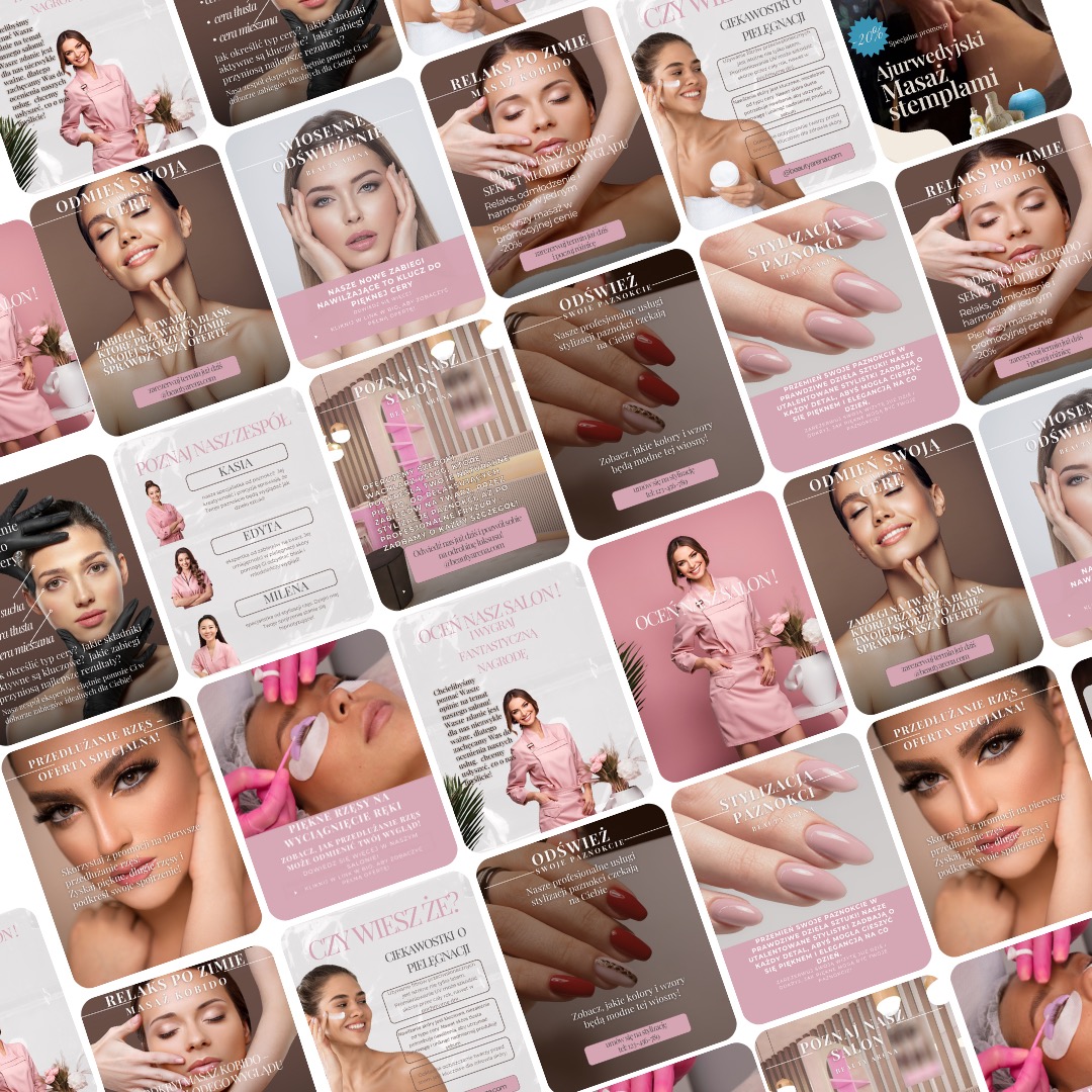 Kolorowe grafiki salonu kosmetycznego w Strzelinie prezentują zabiegi: masaż Kobido, stylizacje paznokci, przedłużanie rzęs, pielęgnację cery i nowości.