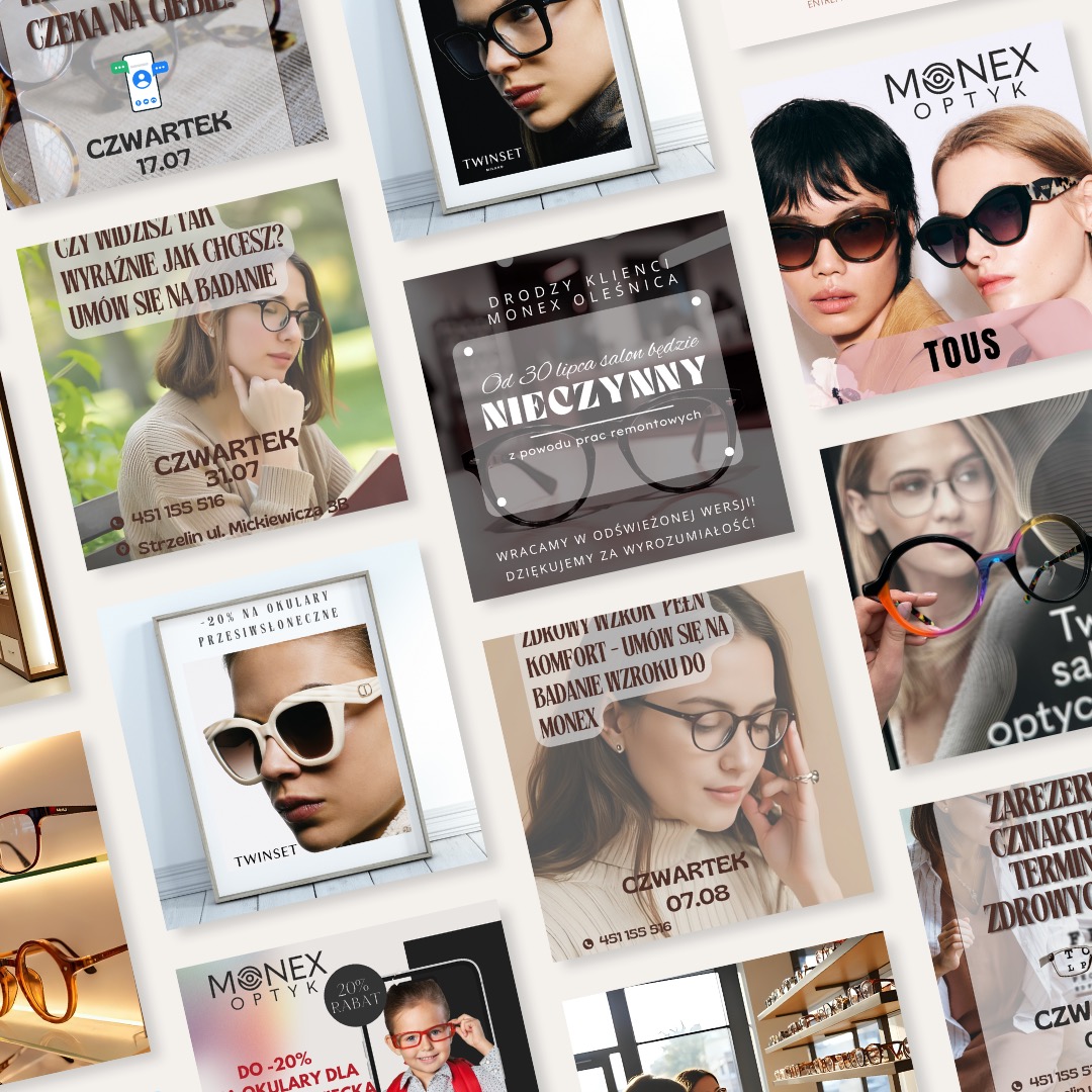 Kompilacja grafik reklamowych salonu optycznego Monex Optik i Twinset, prezentujących okulary przeciwsłoneczne i korekcyjne, oraz informacje o badaniach wzroku i promocjach.