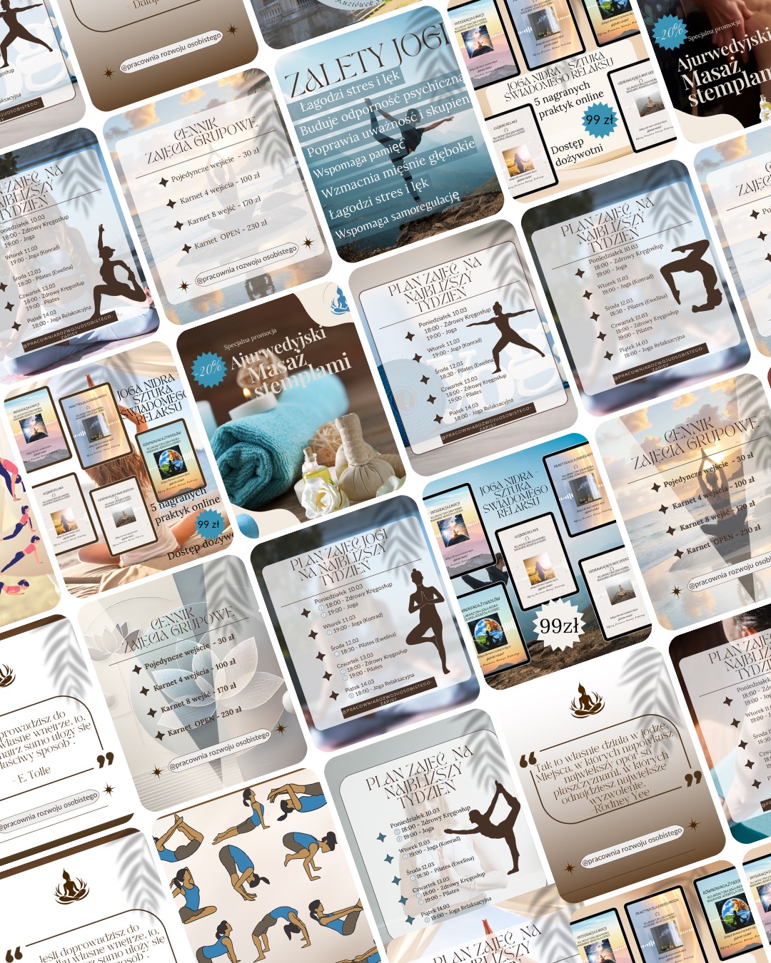 Kolaż materiałów promocyjnych studia jogi: plan zajęć, cennik, oferta masażu ajurwedyjskiego i jogi nidra. Grafika w stonowanej kolorystyce, z motywami roślinnymi.