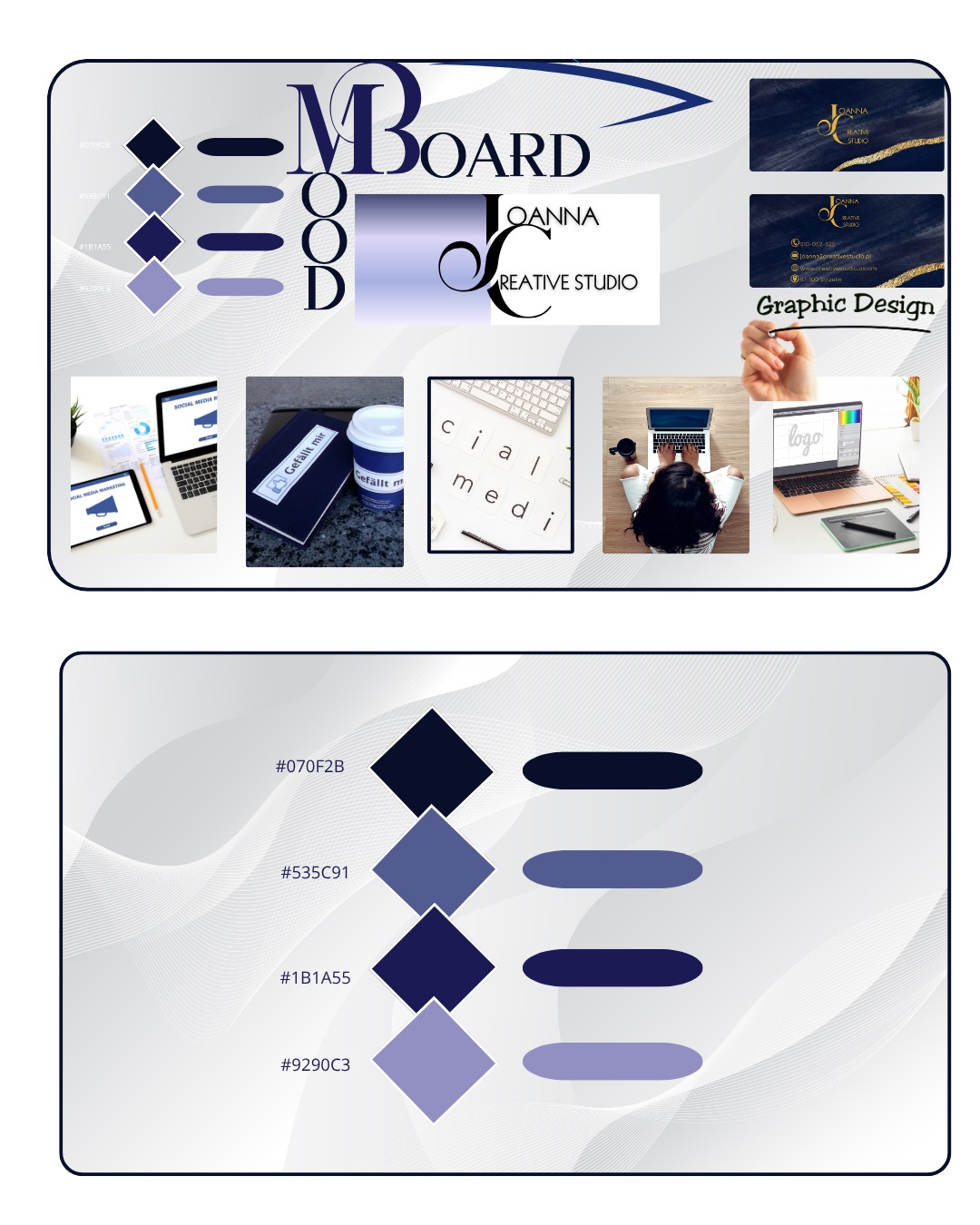 Moodboard z elementami identyfikacji wizualnej: logo, wizytówki, paleta kolorów, zdjęcia laptopa i notatnika. Całość w odcieniach błękitu i granatu. Prezentacja projektu.