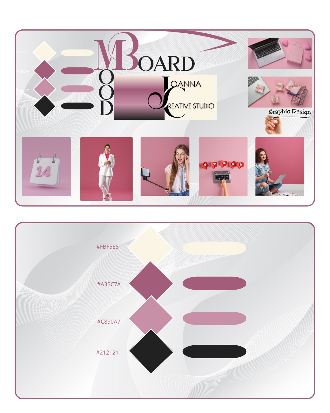Moodboard w odcieniach różu i beżu z paletą kolorów, logotypem Joanny Creative Studio i zdjęciami lifestyle, prezentujący koncepcję wizualną projektu.