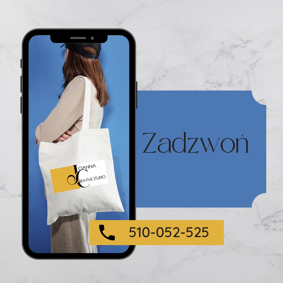 Grafika: Torba z logo Joanna Creative Studio na tle osoby w telefonie, obok napis 'Zadzwoń' i numer telefonu na marmurkowym tle.