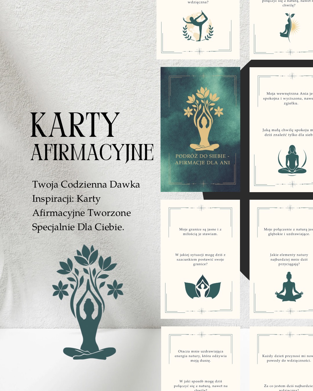 Karty afirmacyjne z motywem jogi i natury, podróż do siebie, inspiracja i harmonia. Grafika w stonowanej kolorystyce, delikatne ilustracje, estetyczny minimalizm.