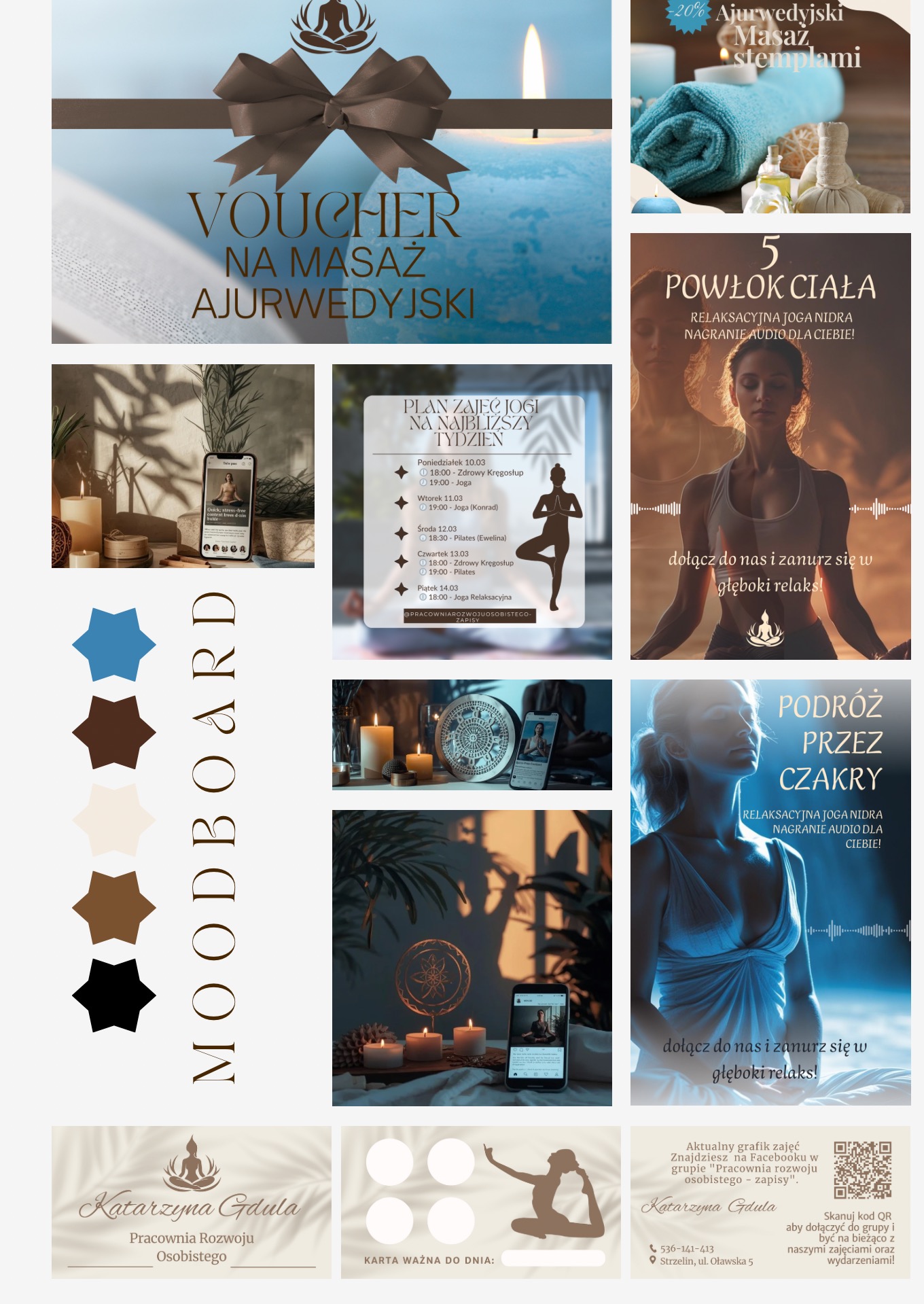 Moodboard z elementami identyfikacji wizualnej: voucher na masaż, plan zajęć jogi, nagrania audio, paleta kolorów i dane kontaktowe Pracowni Rozwoju Osobistego.