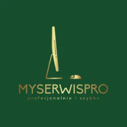 Złote logo firmy MySerwisPro na ciemnozielonym tle, przedstawiające stylizowany komputer z myszką i hasło 'profesjonalnie i szybko'.