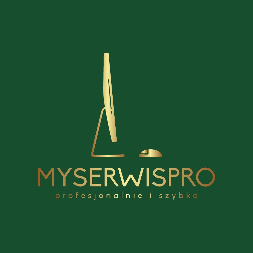 Złote logo firmy MySerwisPro na ciemnozielonym tle, przedstawiające stylizowany komputer z myszką i hasło 'profesjonalnie i szybko'.