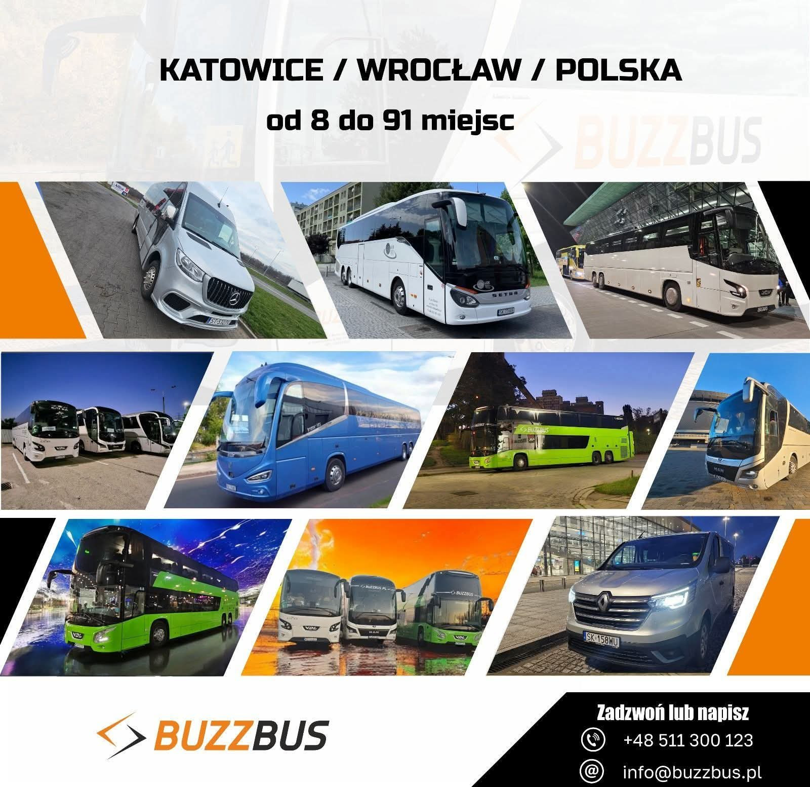 Kompozycja zdjęć różnych busów i autokarów firmy Buzzbus, oferujących przewozy od 8 do 91 miejsc, z lokalizacjami Katowice, Wrocław, Polska.