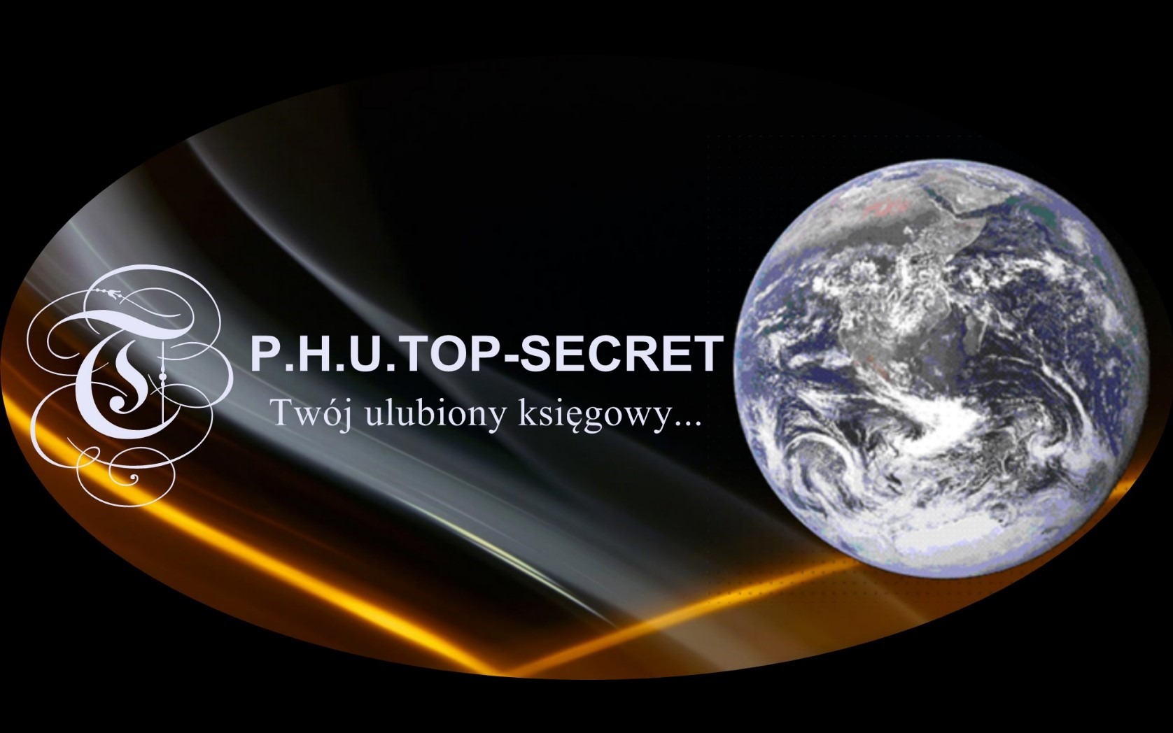 Graficzne logo firmy P.H.U. TOP-SECRET z hasłem 'Twój ulubiony księgowy...' oraz stylizowaną kulą ziemską na czarnym tle z elementami graficznymi.