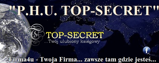 Logo firmy 'P.H.U. TOP-SECRET' z motywem mapy świata, hasłem 'Twój ulubiony ...' i odnośnikiem do Facebooka.
