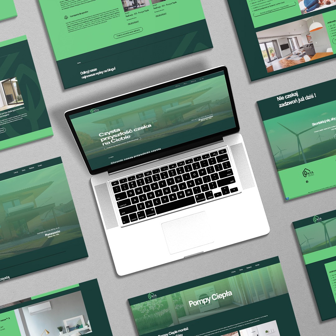 Laptop prezentuje responsywną stronę internetową firmy Eko dom instalacje, otoczony wydrukami fragmentów tej samej strony w odcieniach zieleni, tworząc spójną prezentację wizualną.