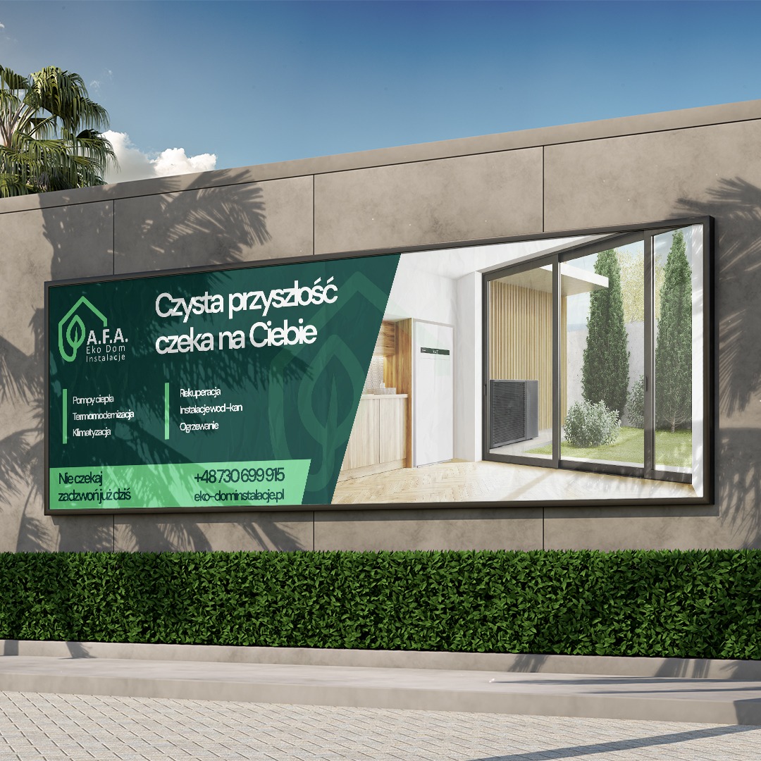 Billboard reklamowy firmy Eko dom instalacje z wizualizacją wnętrza domu, prezentujący systemy pompy ciepła, rekuperacji, instalacji wod-kan i ogrzewania. Widoczne logo firmy i dane kontaktowe.