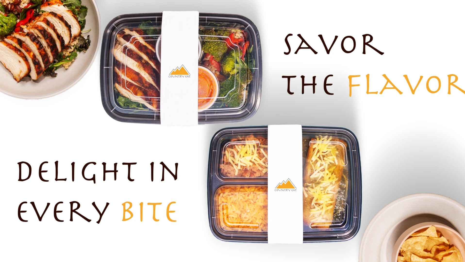 Dwa plastikowe pojemniki z gotowymi posiłkami, jeden z grillowanym kurczakiem i warzywami, drugi z ryżem, mięsem i serem, na białym tle z hasłami 'Savor the Flavor' i 'Delight in Every Bite'.