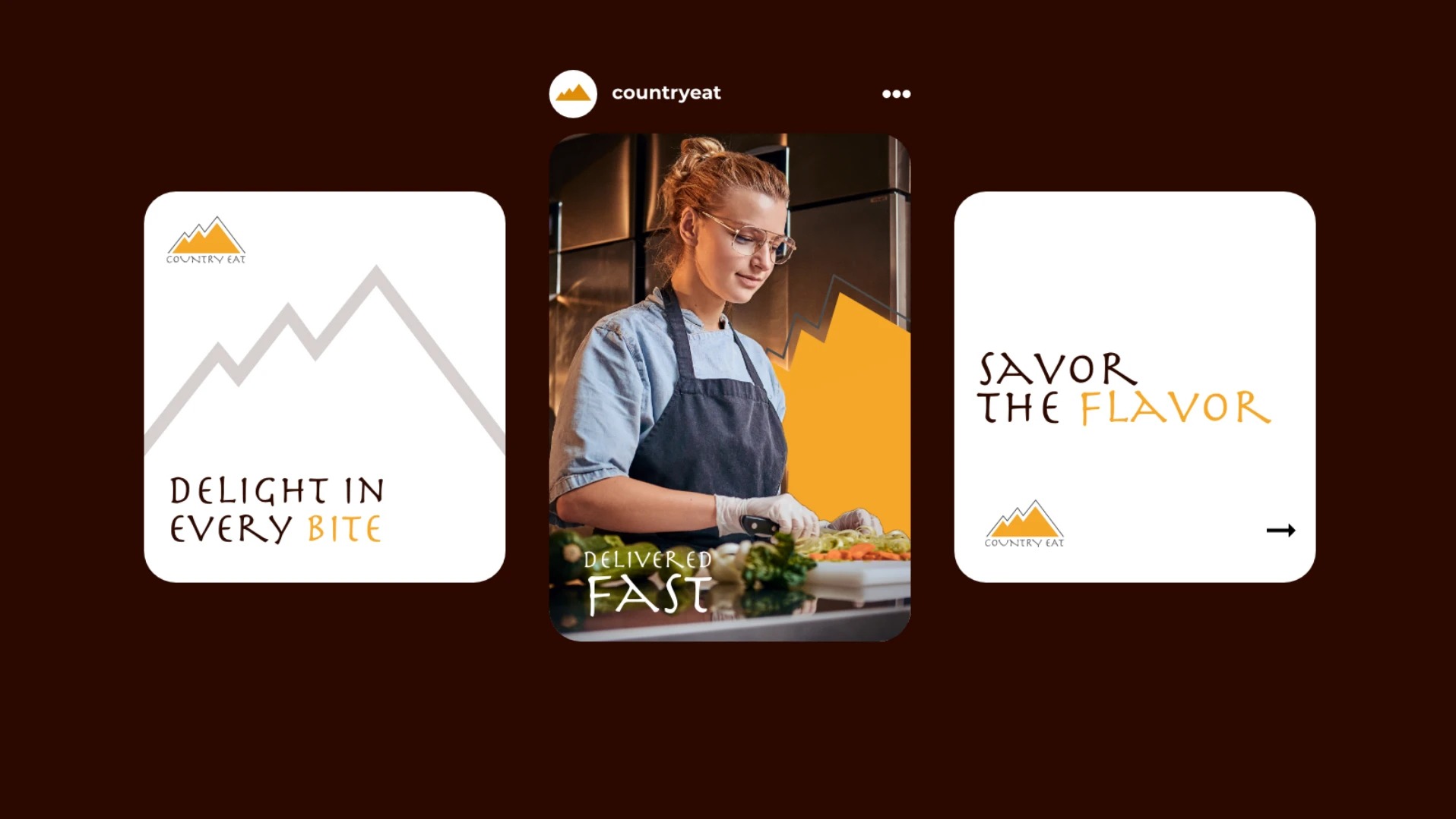 Grafika reklamowa restauracji Country Eat prezentująca hasła 'Delight in every bite' i 'Savor the flavor' obok zdjęcia kucharza krojącego warzywa z napisem 'Delivered Fast'.