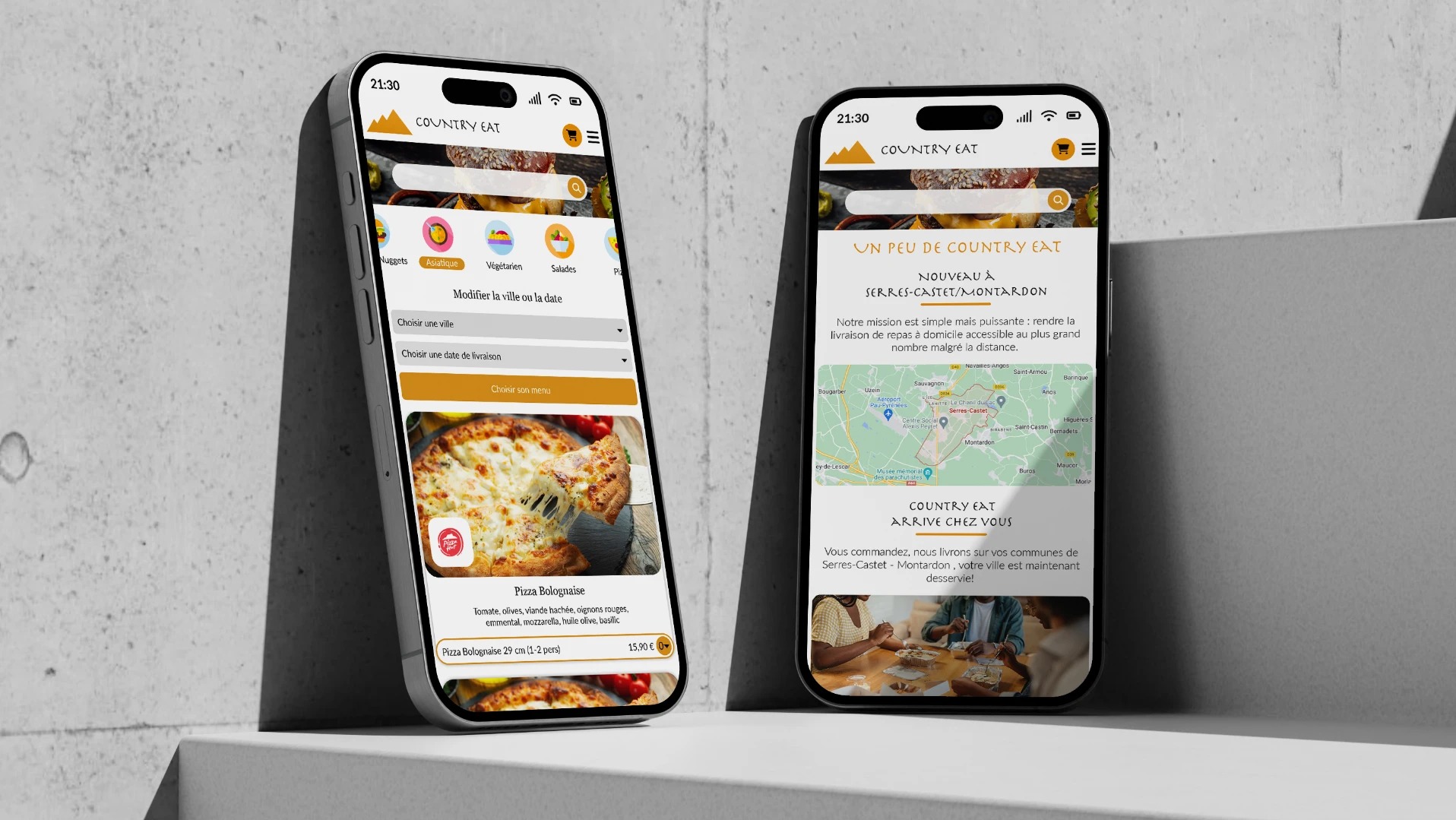 Dwa smartfony wyświetlające interfejs aplikacji mobilnej do zamawiania jedzenia online, pokazujące menu z pizzą i mapę dostaw w Serres-Castet/Montardon.