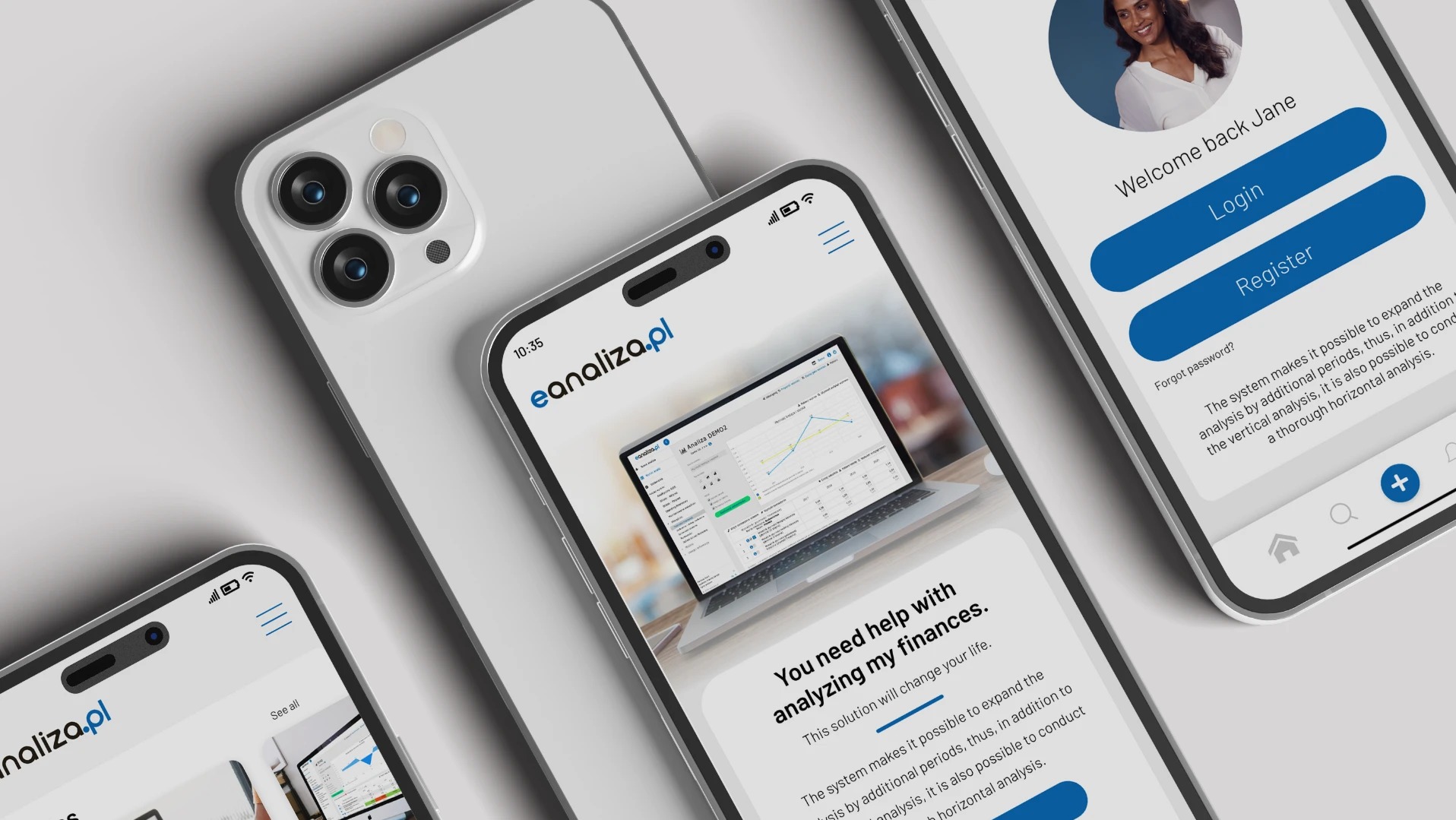 Ekran telefonu prezentujący interfejs aplikacji do analizy finansowej z wykresami i danymi, obok leżą inne smartfony, tworząc minimalistyczną kompozycję na jasnym tle.