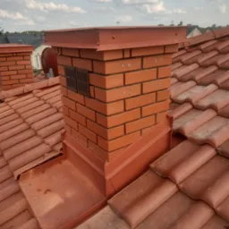 Ceglany komin z metalową obróbką na dachu z czerwonej dachówki, widoczne kratki wentylacyjne i mocowania, w tle zabudowa jednorodzinna i błękitne niebo z obłokami.