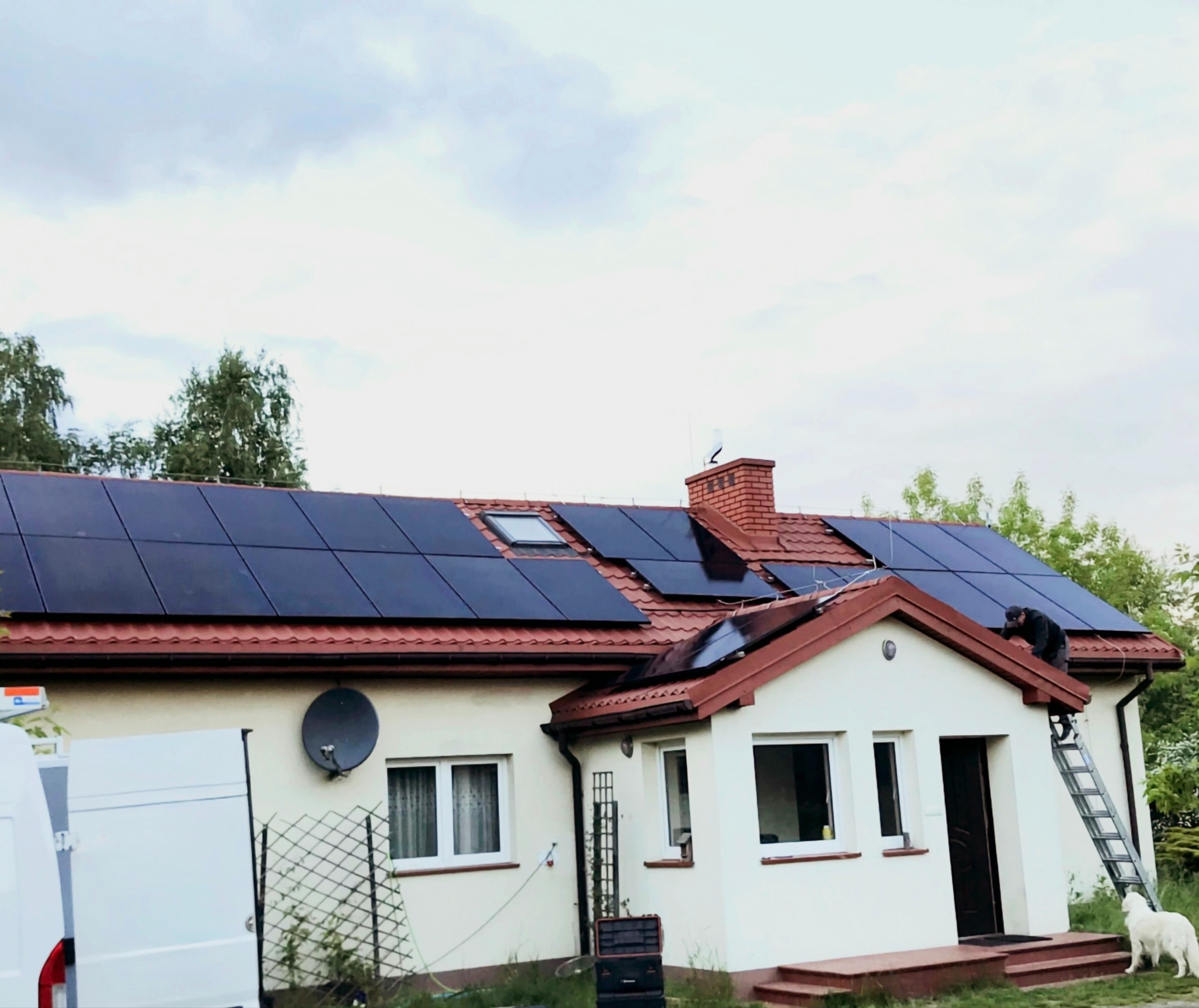 Instalacja paneli słonecznych na dachu domu jednorodzinnego z czerwoną dachówką, widoczna drabina i monter w trakcie pracy, biały pies obserwuje z dołu.