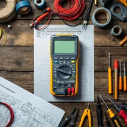 Multimetr cyfrowy na schemacie elektrycznym, otoczony narzędziami i materiałami elektrycznymi na drewnianym stole.