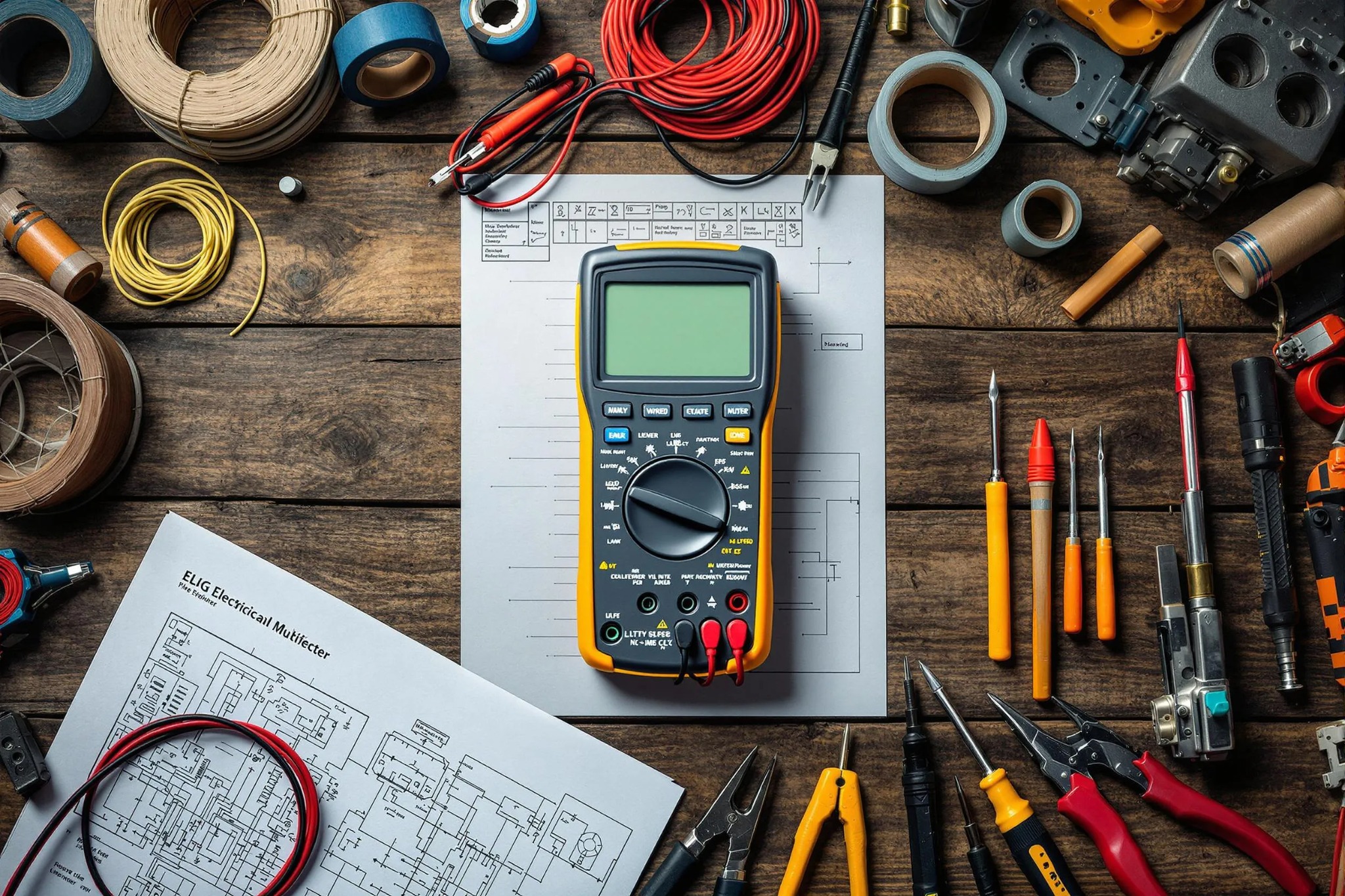 Multimetr cyfrowy na schemacie elektrycznym, otoczony narzędziami i materiałami elektrycznymi na drewnianym stole.