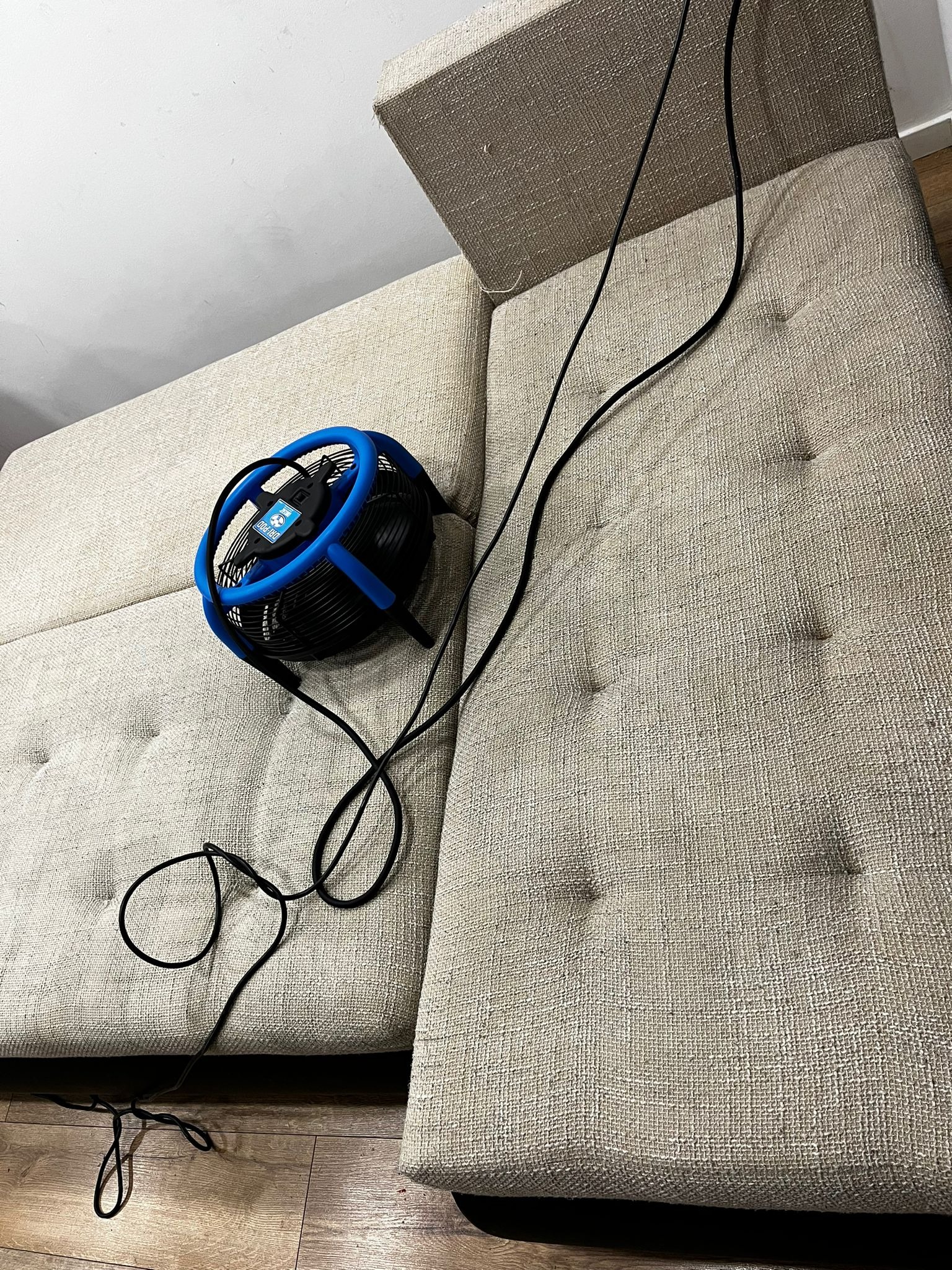 Czarny wentylator z niebieską obudową stoi na beżowej, tekstylnej kanapie z guzikami, kabel zasilający leży na podłodze.
