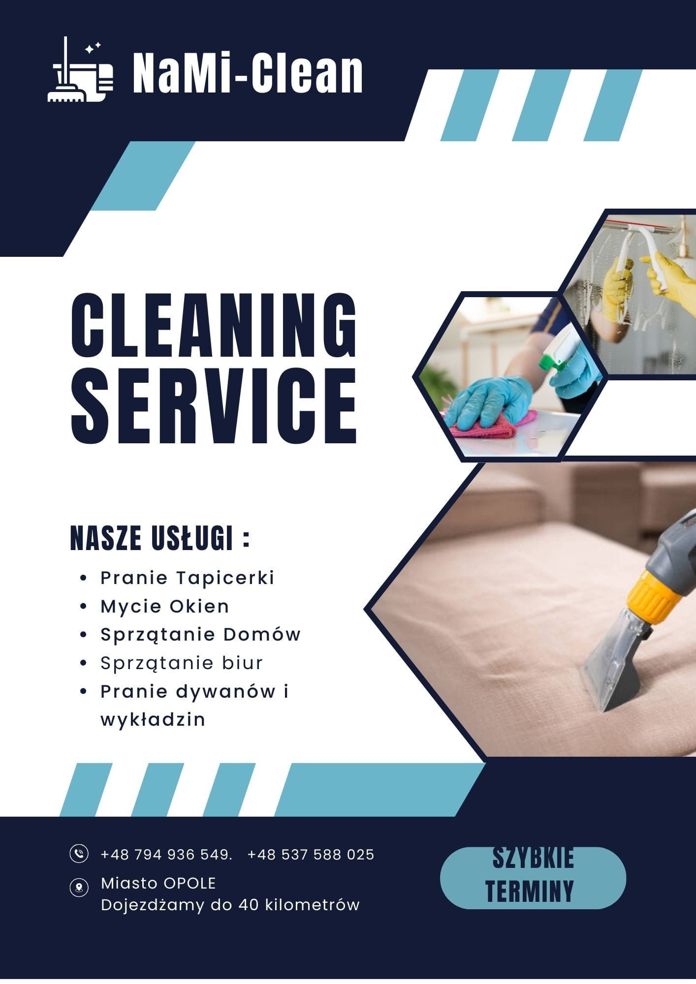 Reklama usług sprzątania NaMi-Clean z ilustracjami prania tapicerki, mycia okien i czyszczenia dywanów, oferująca szybkie terminy i dojazd do 40 km od Opola.