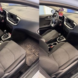 Detailing studio 777 - Wnętrze samochodu Kia Ceed przed i po czyszczeniu: po lewej brudny dywanik i siedzenie, po prawej wyczyszczone elementy.