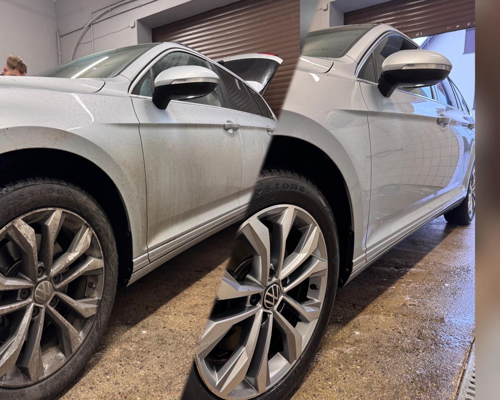 Porównanie: srebrny samochód przed i po umyciu, widoczne różnice w czystości karoserii i felg.