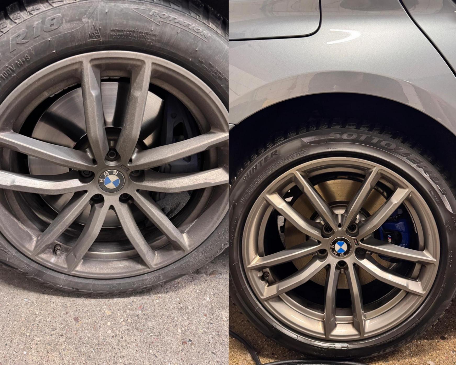 Porównanie: Brudne koło BMW po lewej, wyczyszczone koło z oponą zimową Sottozero po prawej, z widocznym niebieskim zaciskiem hamulcowym.