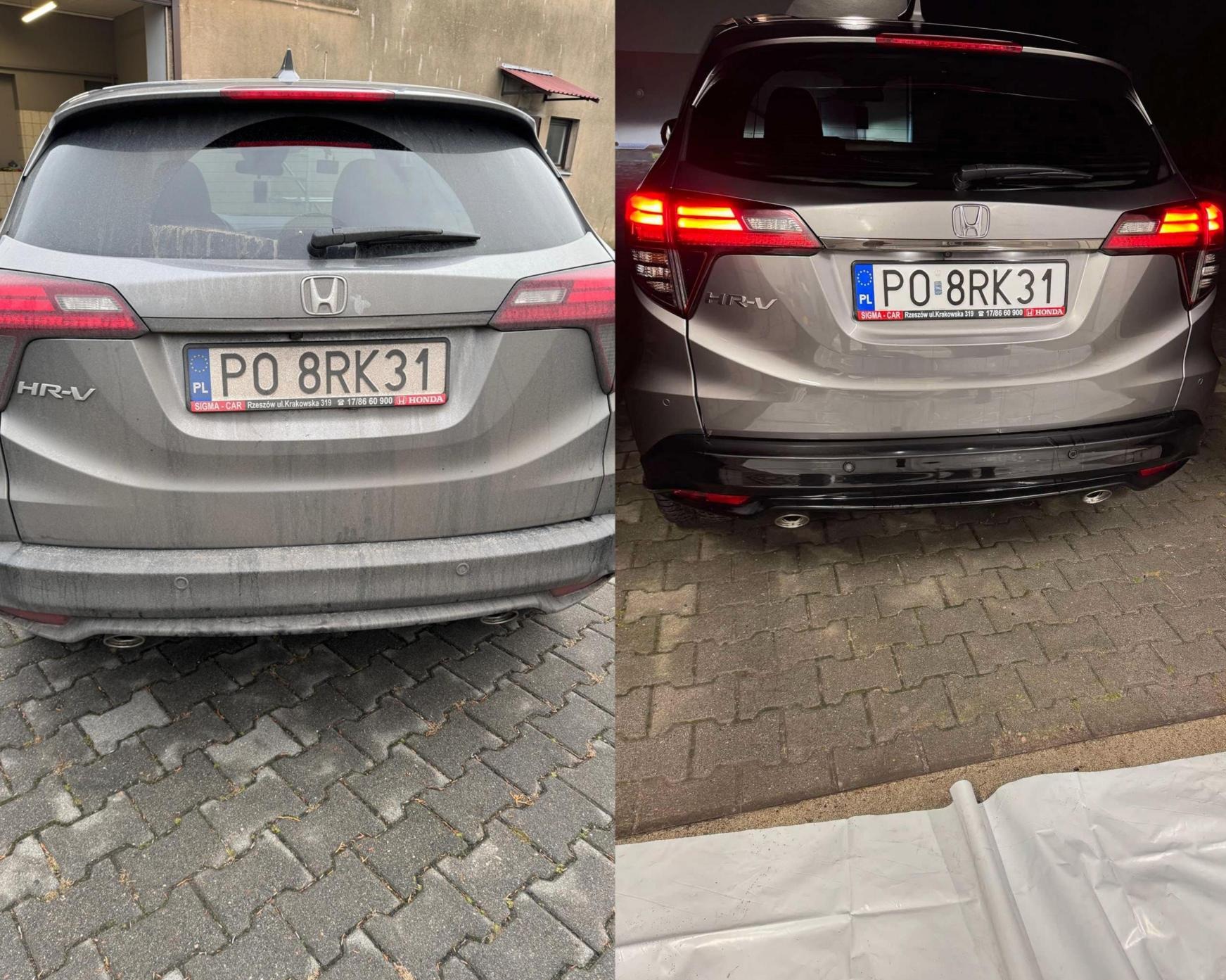 Porównanie tyłu szarego samochodu Honda HR-V przed i po umyciu, widoczne różnice w czystości karoserii i oświetleniu.