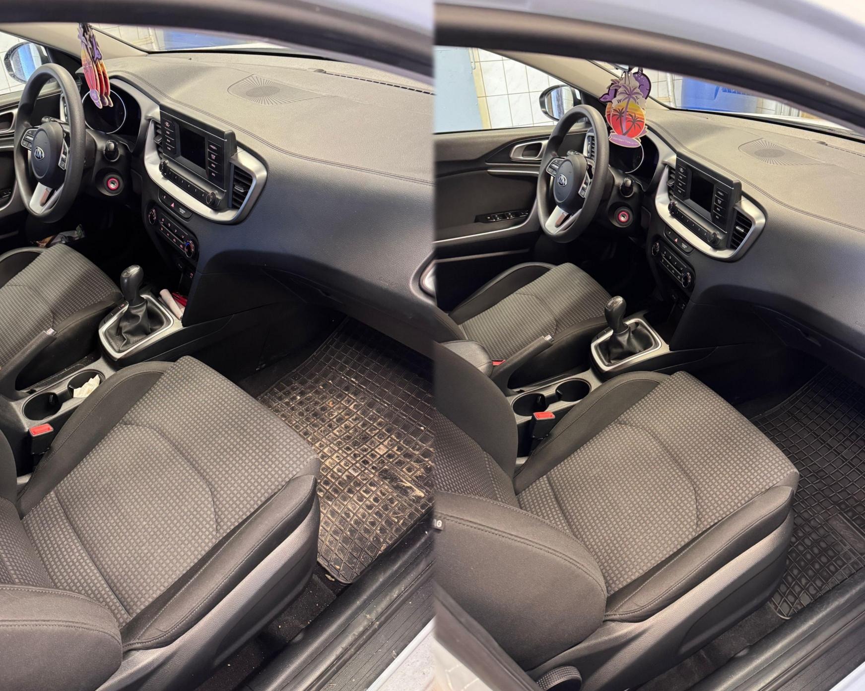 Wnętrze samochodu Kia Ceed przed i po czyszczeniu: po lewej brudny dywanik i siedzenie, po prawej wyczyszczone elementy.