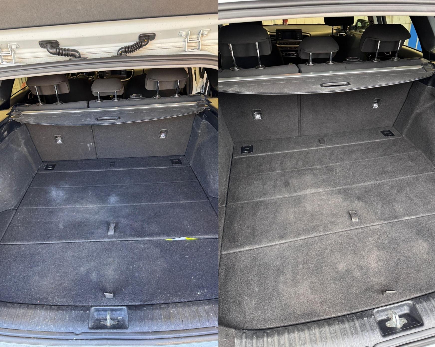 Porównanie bagażnika samochodu przed i po czyszczeniu tapicerki, z widoczną różnicą w odświeżeniu i usunięciu zabrudzeń.