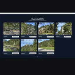 Ekran systemu sprzedaży zdjęć z wydarzenia 'Majówka 2025'. Widoczne miniaturki zdjęć krajobrazów, cena 5 PLN i przycisk 'Dodaj do koszyka'.
