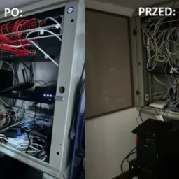 Szafa serwerowa przed i po uporządkowaniu kabli. Po lewej schludne czerwone kable, po prawej bałagan. Widoczne urządzenia sieciowe i zasilacze.