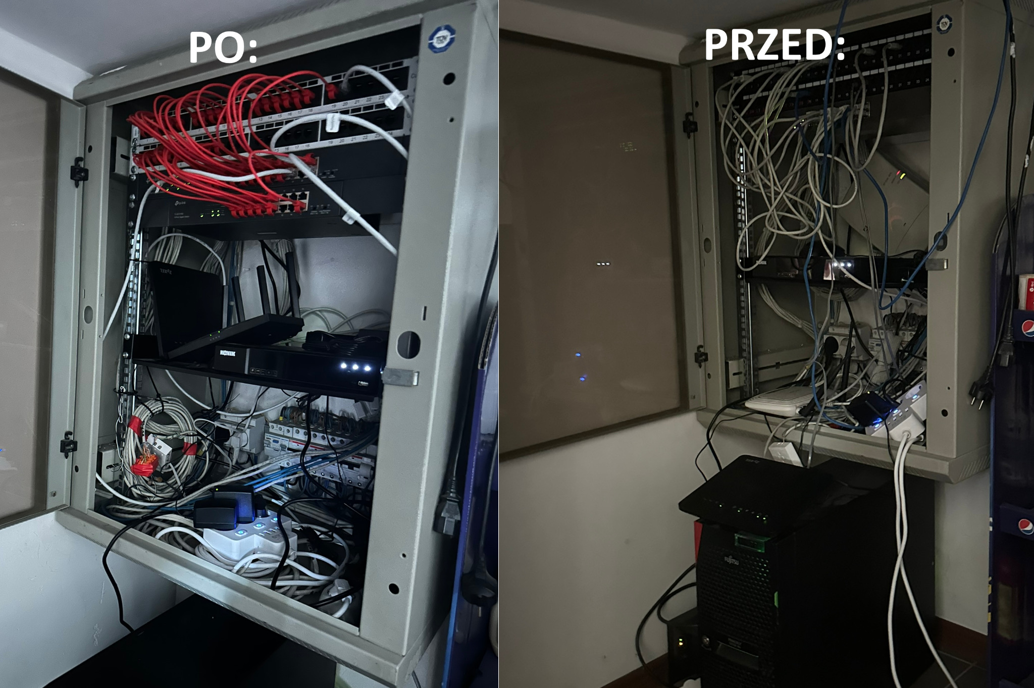 Szafa serwerowa przed i po uporządkowaniu kabli. Po lewej schludne czerwone kable, po prawej bałagan. Widoczne urządzenia sieciowe i zasilacze.